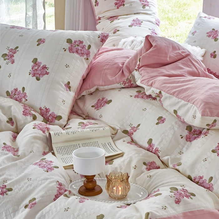 91家纺网 家纺一手货源 找家纺 富之航 2024新款云纱棉四件套现货供应 粉黛罗