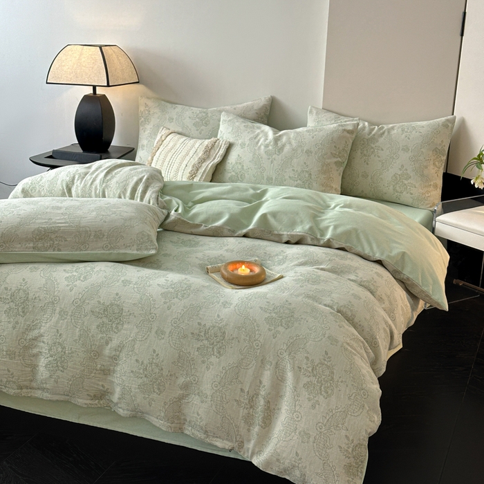 91家纺网 家纺一手货源 找家纺 博雅 2024新款全棉提花三层纱磨毛四件套（上图送2000元货款） 玫瑰面纱（绿）