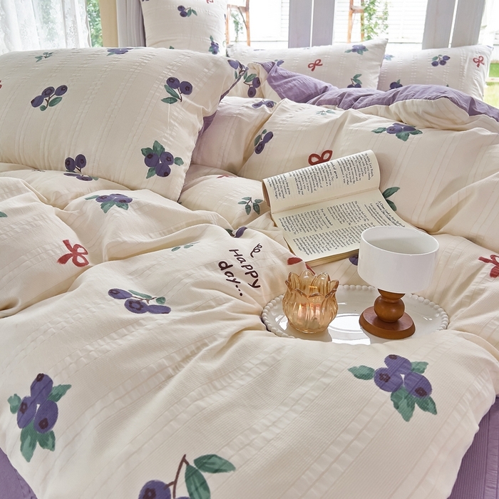 91家纺网 家纺一手货源 找家纺 富之航 2024新款云纱棉四件套现货供应 蓝莓