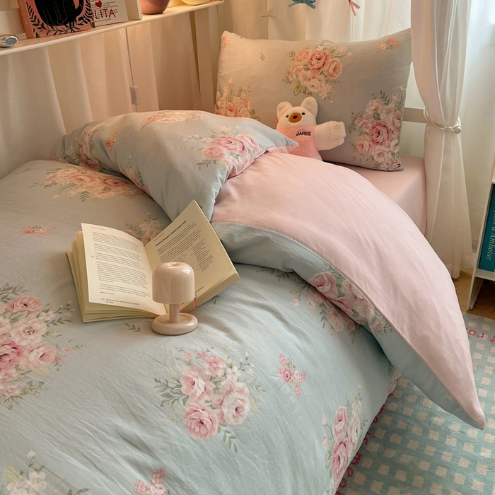 91家纺网 家纺一手货源 找家纺 繁花 2024新款亲肤水洗棉学生宿舍三件套四件套 粉粉蔷薇