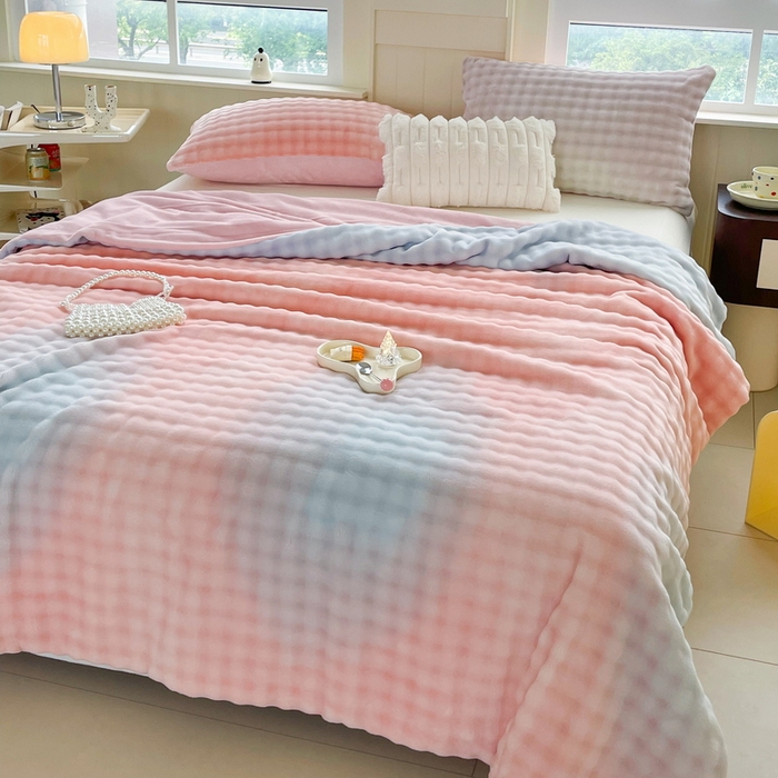 91家纺网 家纺一手货源 找家纺 言熙居家纺 2024新款AB版多功能盖毯被套 泡芙-粉蓝