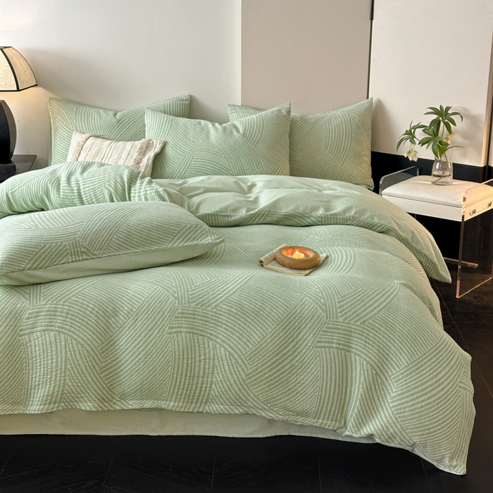 91家纺网 家纺一手货源 找家纺 博雅 2024新款全棉提花三层纱磨毛四件套（上图送2000元货款） 西西里（绿）