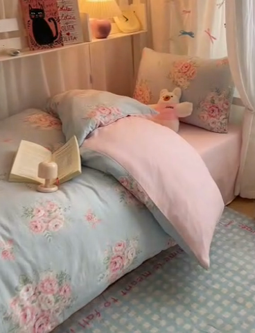 91家纺网 家纺一手货源 找家纺 繁花 2024新款亲肤水洗棉学生宿舍三件套四件套 粉粉蔷薇