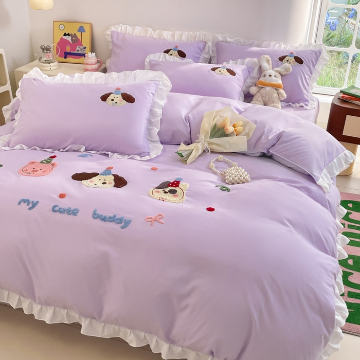 91家纺网 家纺一手货源 找家纺 易禾家纺 2024新款专板花型亲肤水洗棉毛巾绣花边四件套-小伙伴 小伙伴-紫