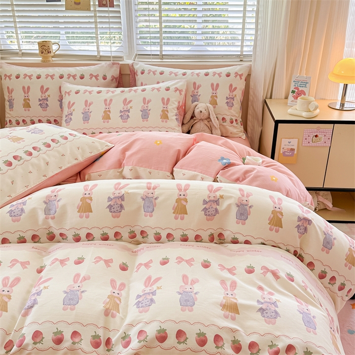 91家纺网 家纺一手货源 找家纺 简宜家居（朝初家纺）2025新款40支全棉四件套 蝴蝶结小兔