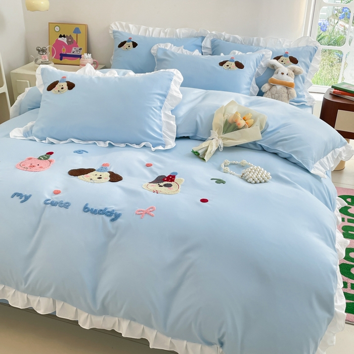 91家纺网 家纺一手货源 找家纺 易禾家纺 2024新款专板花型亲肤水洗棉毛巾绣花边四件套-小伙伴 小伙伴-蓝