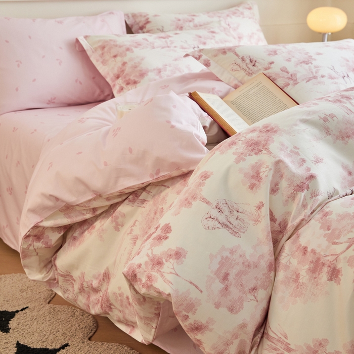 91家纺网 家纺一手货源 找家纺 2024新款小清新全棉印花四件套-68系列 F花涧-粉