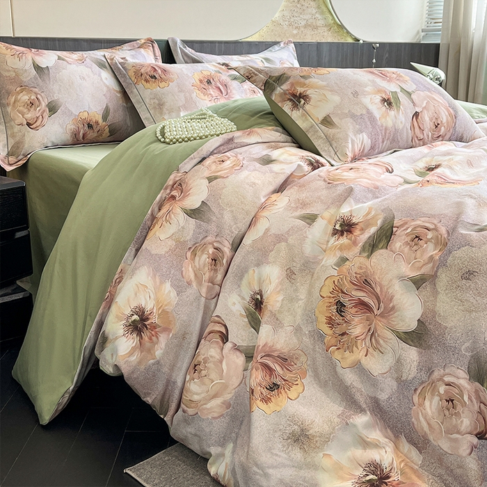 91家纺网 家纺一手货源 找家纺 格里芬家纺 2025新款花卉系列全棉加厚磨毛数码印花四件套（控价劵后标准208起） 苏绿缇