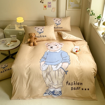 91家纺网 家纺一手货源 找家纺 经年 2025新款40S-13372大版全棉四件套-小熊比尔 小熊比尔-棕