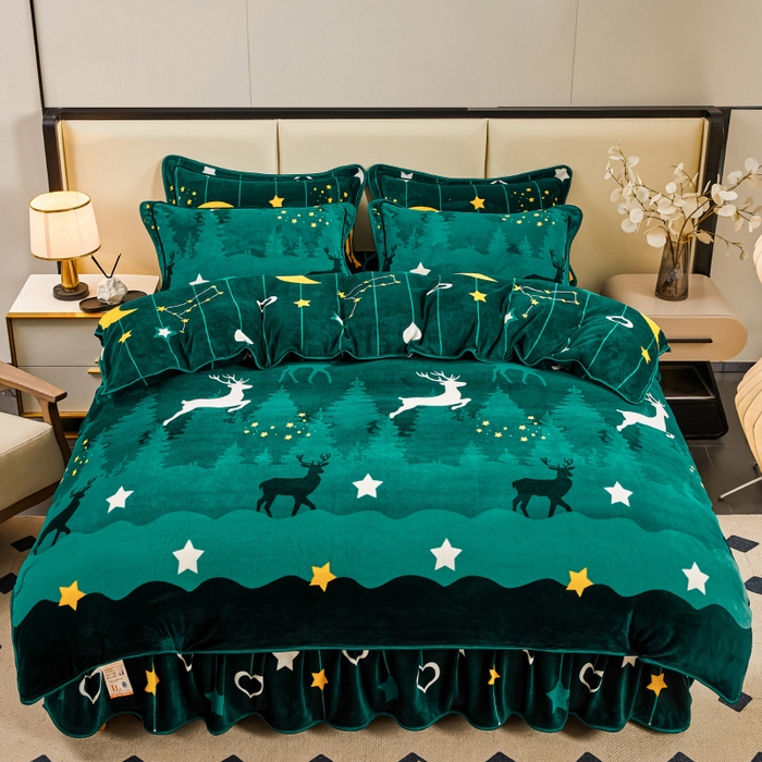 91家纺网 家纺一手货源 找家纺 博兰蒂 2025新款床裙款高克重牛奶绒印花四件套 迷情鹿