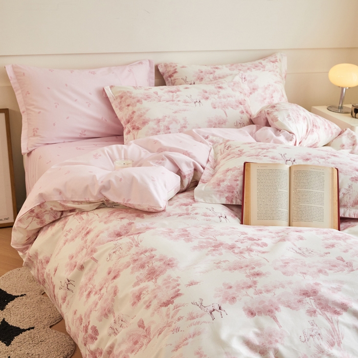 91家纺网 家纺一手货源 找家纺 2024新款小清新全棉印花四件套-68系列 F花涧-粉