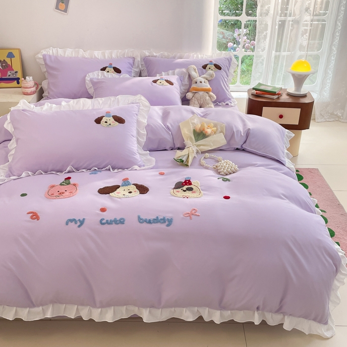 91家纺网 家纺一手货源 找家纺 易禾家纺 2024新款专板花型亲肤水洗棉毛巾绣花边四件套-小伙伴 小伙伴-紫