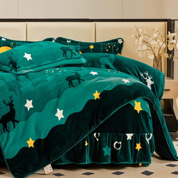 91家纺网 家纺一手货源 找家纺 博兰蒂 2025新款床裙款高克重牛奶绒印花四件套 迷情鹿