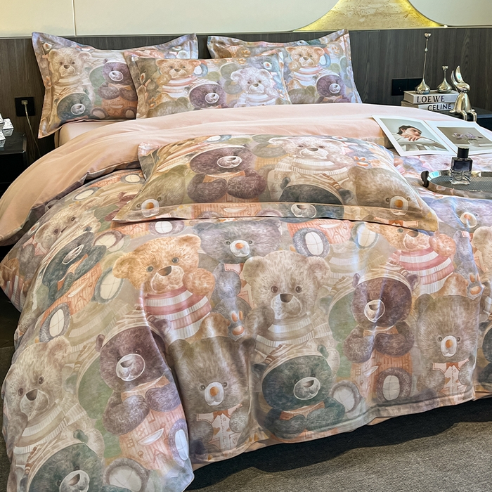 91家纺网 家纺一手货源 找家纺 格里芬家纺 2025新款花卉系列全棉加厚磨毛数码印花四件套（控价劵后标准208起） 梦幻熊熊-桔