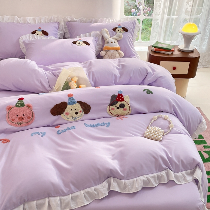 91家纺网 家纺一手货源 找家纺 易禾家纺 2024新款专板花型亲肤水洗棉毛巾绣花边四件套-小伙伴 小伙伴-紫