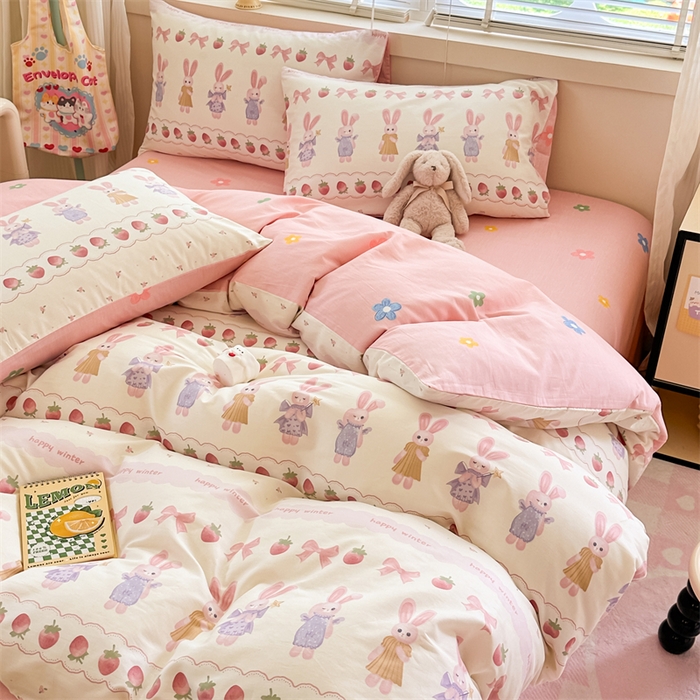 91家纺网 家纺一手货源 找家纺 简宜家居（朝初家纺）2025新款40支全棉四件套 蝴蝶结小兔