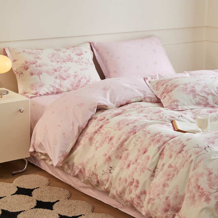 91家纺网 家纺一手货源 找家纺 2024新款小清新全棉印花四件套-68系列 F花涧-粉