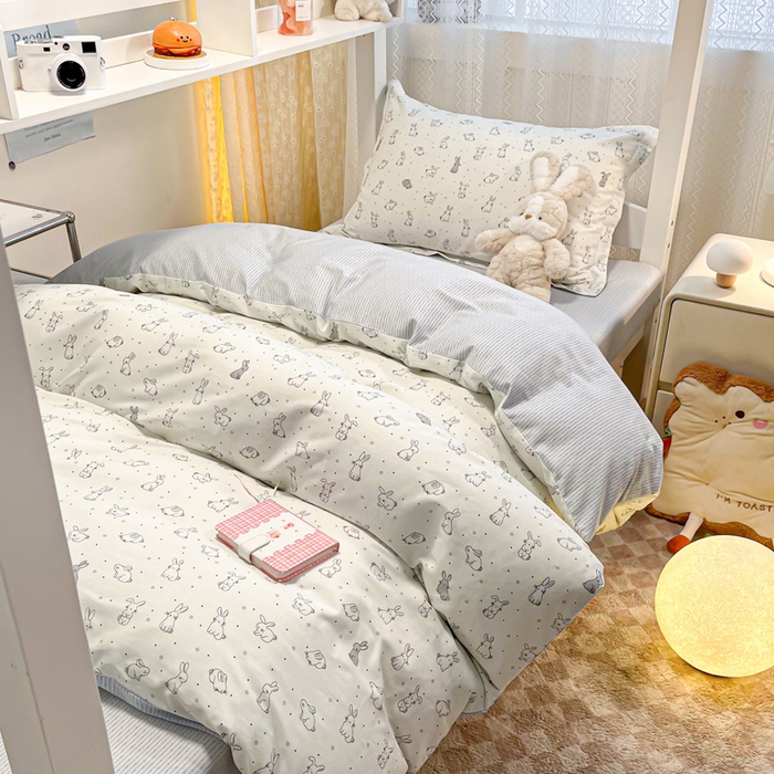 91家纺网 家纺一手货源 找家纺 2024新款小清新全棉印花学生宿舍三件套-68系列 B萌小兔