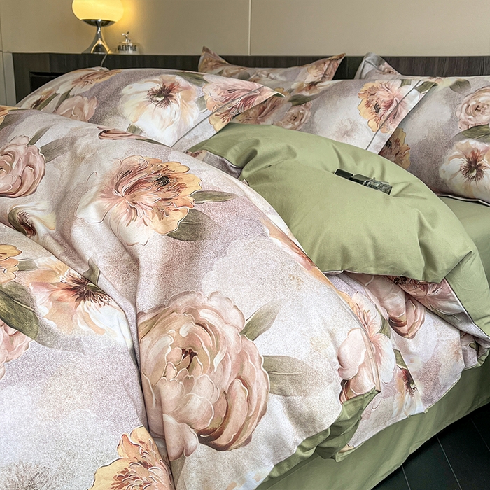 91家纺网 家纺一手货源 找家纺 格里芬家纺 2025新款花卉系列全棉加厚磨毛数码印花四件套（控价劵后标准208起） 苏绿缇