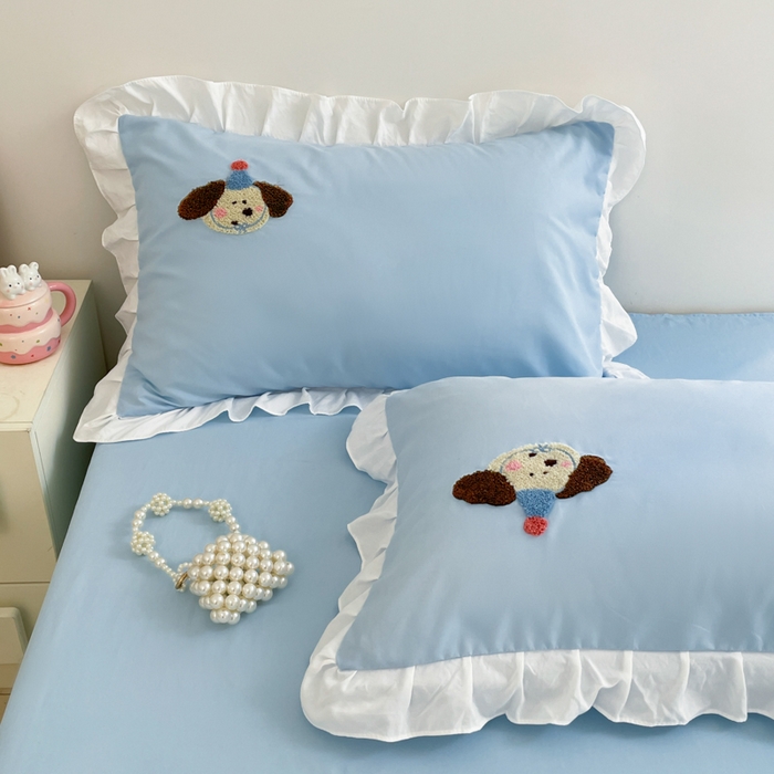 91家纺网 家纺一手货源 找家纺 易禾家纺 2024新款专板花型亲肤水洗棉毛巾绣花边四件套-小伙伴 小伙伴-蓝