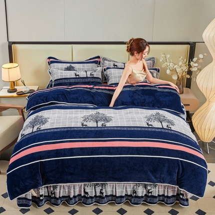 博兰蒂 2025新款床裙款高克重牛奶绒印花四件套 一路有你