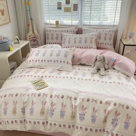 91家纺网 家纺一手货源 找家纺 简宜家居（朝初家纺）2025新款40支全棉四件套 蝴蝶结小兔