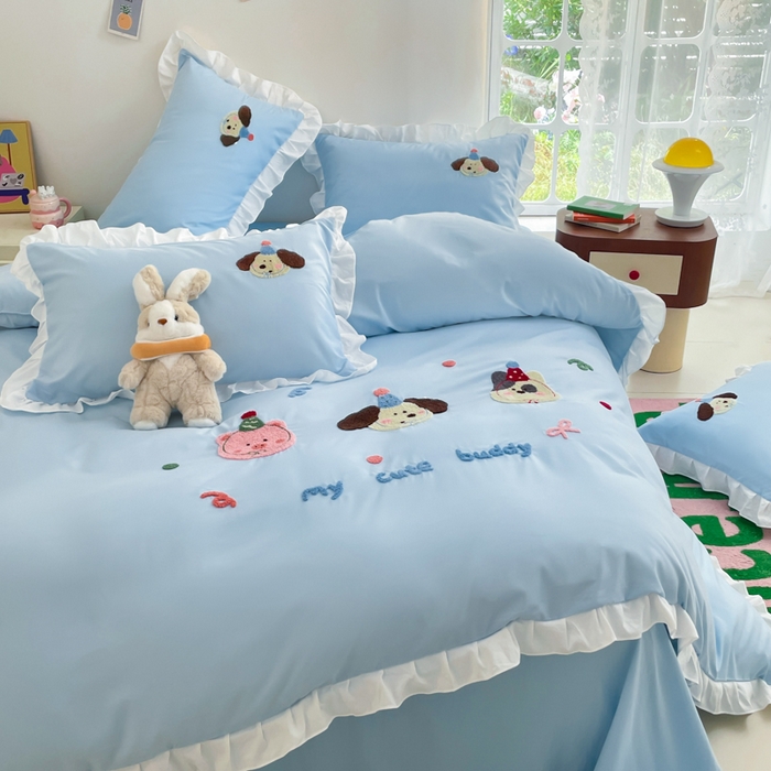 91家纺网 家纺一手货源 找家纺 易禾家纺 2024新款专板花型亲肤水洗棉毛巾绣花边四件套-小伙伴 小伙伴-蓝