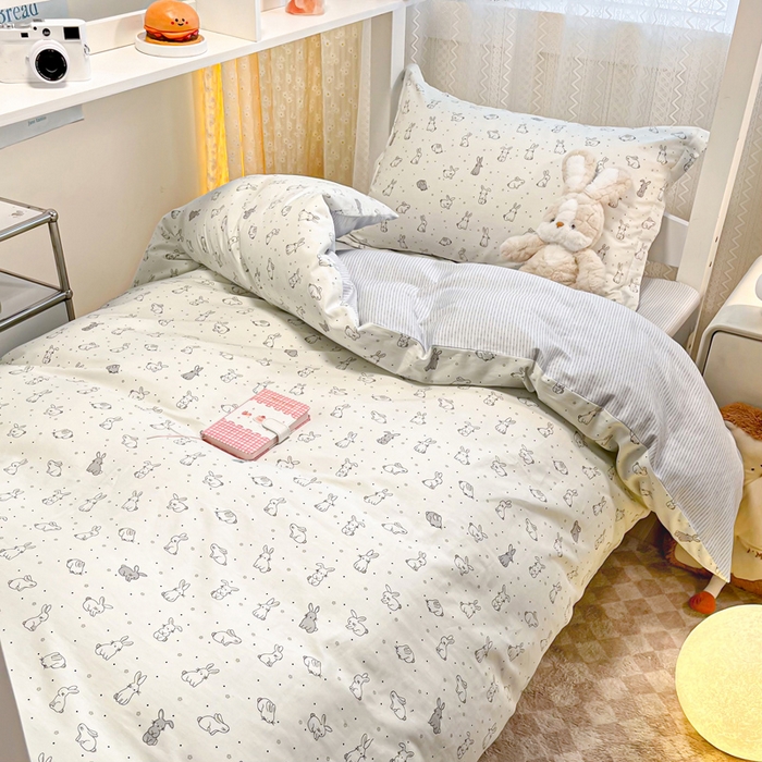 91家纺网 家纺一手货源 找家纺 2024新款小清新全棉印花学生宿舍三件套-68系列 B萌小兔
