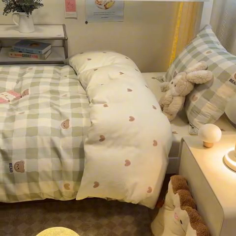 91家纺网 家纺一手货源 找家纺 2024新款小清新全棉印花学生宿舍三件套-68系列 A格子小熊