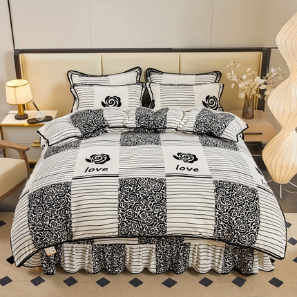 博兰蒂 2025新款床裙款高克重牛奶绒印花四件套 金典格调