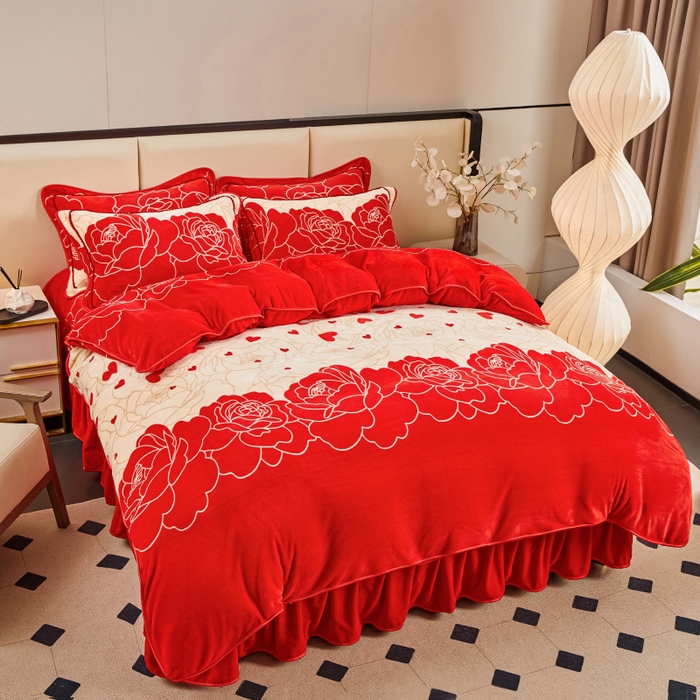 91家纺网 家纺一手货源 找家纺 博兰蒂 2025新款床裙款高克重牛奶绒印花四件套 浪漫花园