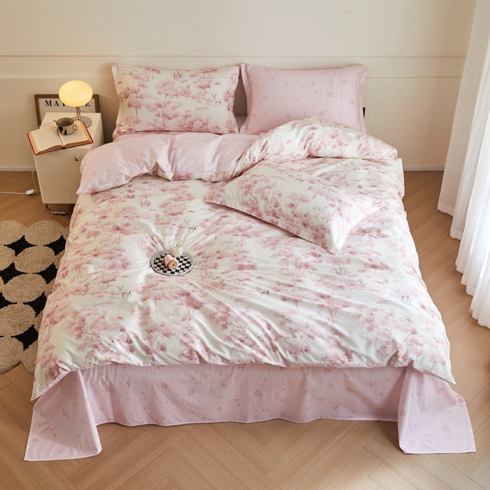 91家纺网 家纺一手货源 找家纺 2024新款小清新全棉印花四件套-68系列 F花涧-粉