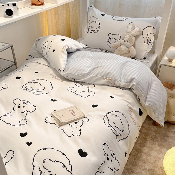 91家纺网 家纺一手货源 找家纺 2024新款小清新全棉印花学生宿舍三件套-68系列 B呆萌小狗