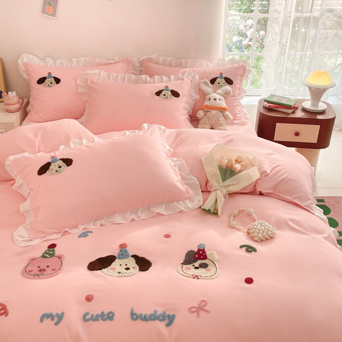 91家纺网 家纺一手货源 找家纺 （总）易禾家纺 2024新款专板花型亲肤水洗棉毛巾绣花边四件套-小伙伴