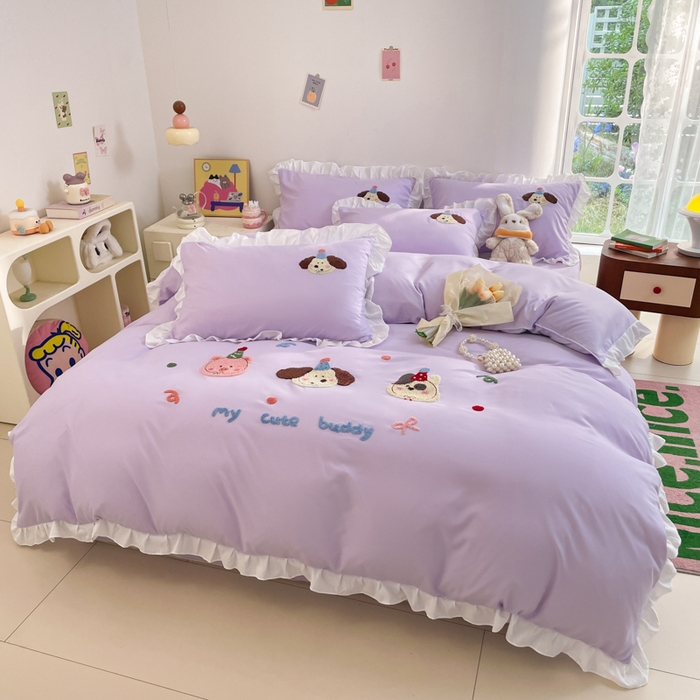 91家纺网 家纺一手货源 找家纺 易禾家纺 2024新款专板花型亲肤水洗棉毛巾绣花边四件套-小伙伴 小伙伴-紫