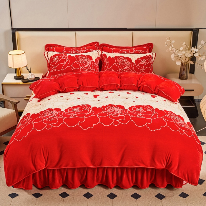 91家纺网 家纺一手货源 找家纺 博兰蒂 2025新款床裙款高克重牛奶绒印花四件套 浪漫花园