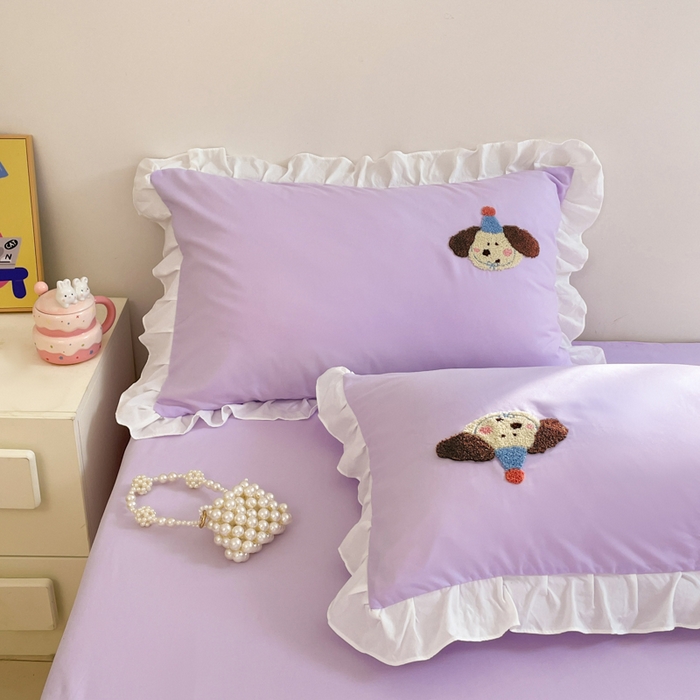 91家纺网 家纺一手货源 找家纺 易禾家纺 2024新款专板花型亲肤水洗棉毛巾绣花边四件套-小伙伴 小伙伴-紫