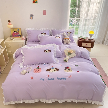 91家纺网 家纺一手货源 找家纺 易禾家纺 2024新款专板花型亲肤水洗棉毛巾绣花边四件套-小伙伴 小伙伴-紫