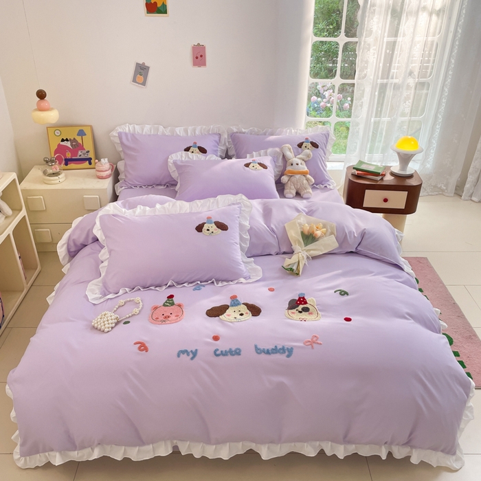 91家纺网 家纺一手货源 找家纺 易禾家纺 2024新款专板花型亲肤水洗棉毛巾绣花边四件套-小伙伴 小伙伴-紫