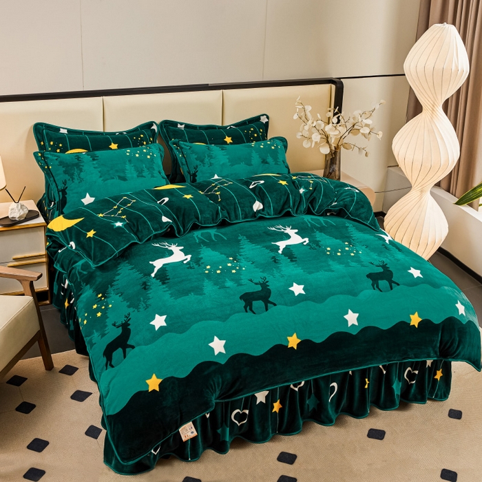 91家纺网 家纺一手货源 找家纺 博兰蒂 2025新款床裙款高克重牛奶绒印花四件套 迷情鹿