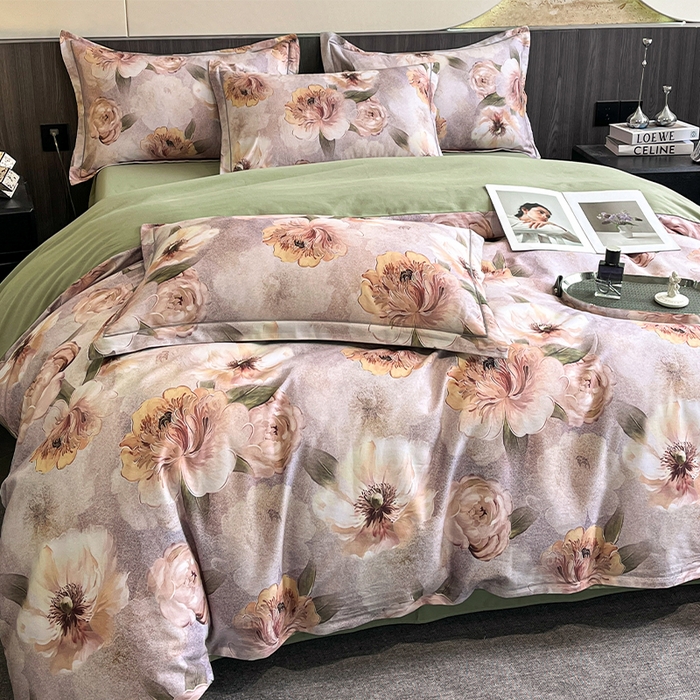 91家纺网 家纺一手货源 找家纺 格里芬家纺 2025新款花卉系列全棉加厚磨毛数码印花四件套（控价劵后标准208起） 苏绿缇