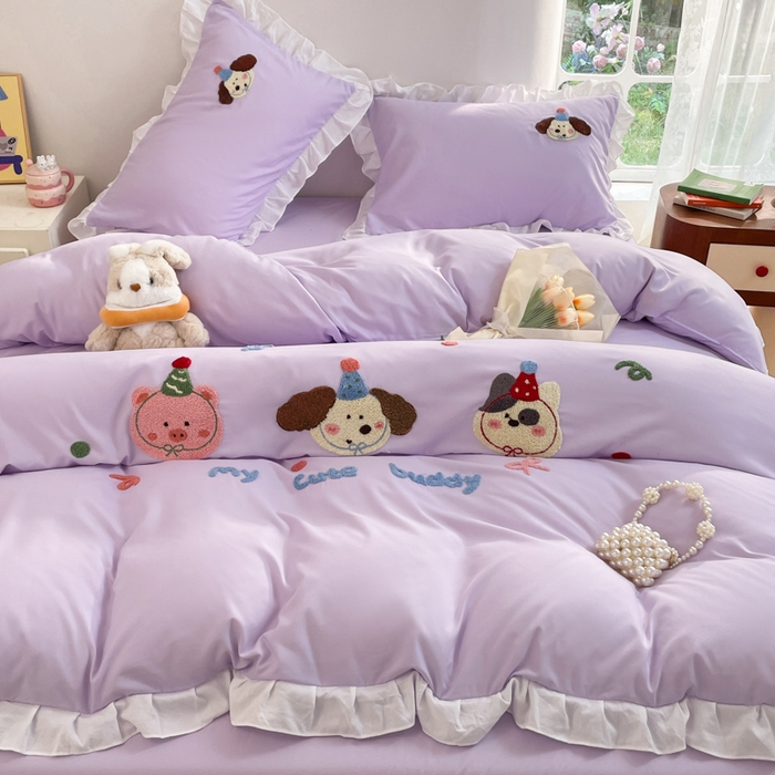 91家纺网 家纺一手货源 找家纺 易禾家纺 2024新款专板花型亲肤水洗棉毛巾绣花边四件套-小伙伴 小伙伴-紫