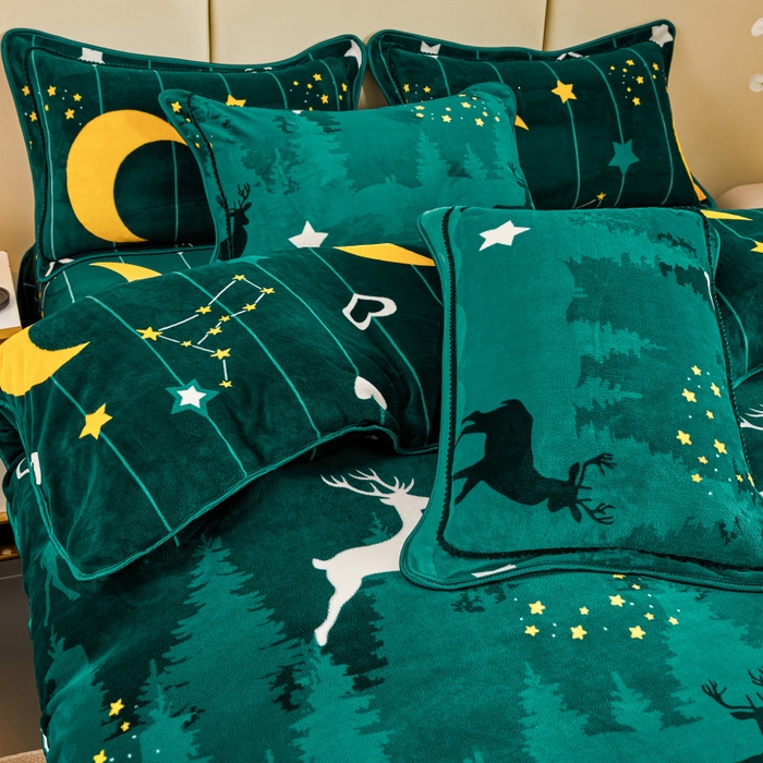 91家纺网 家纺一手货源 找家纺 博兰蒂 2025新款床裙款高克重牛奶绒印花四件套 迷情鹿