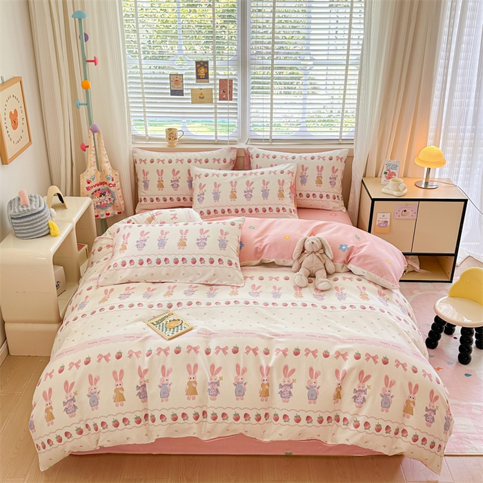 91家纺网 家纺一手货源 找家纺 简宜家居（朝初家纺）2025新款40支全棉四件套 蝴蝶结小兔