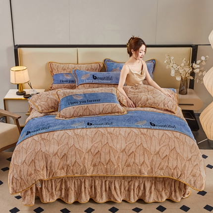 博兰蒂 2025新款床裙款高克重牛奶绒印花四件套 金枝玉叶