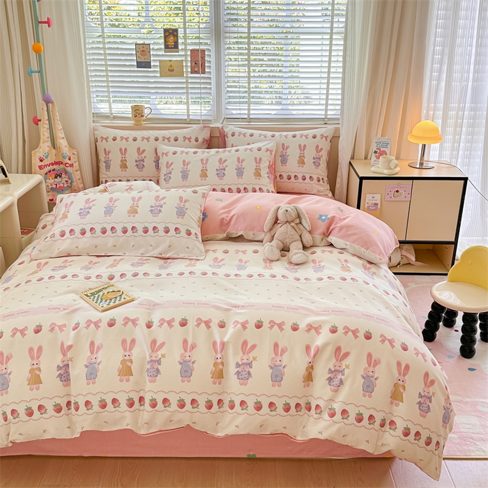 91家纺网 家纺一手货源 找家纺 简宜家居（朝初家纺）2025新款40支全棉四件套 蝴蝶结小兔