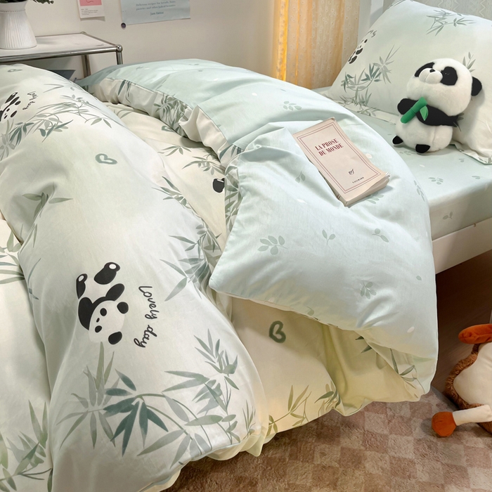 91家纺网 家纺一手货源 找家纺 2024新款小清新全棉印花学生宿舍三件套-68系列 A竹子熊猫
