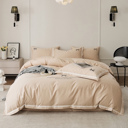 91家纺网 家纺一手货源 找家纺 EH家居 2024新款长绒棉绣花四件套-伊人系列 伊人-奶杏