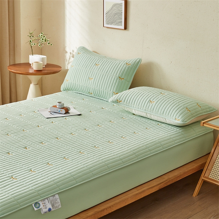 91家纺网 家纺一手货源 找家纺 叠派家纺 2024新款水洗棉刺绣夹棉床笠 蝴蝶结-果绿