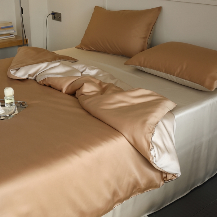 91家纺网 家纺一手货源 找家纺 轩和 2025新款A类LF60S兰精天丝单品枕套 拿铁咖+铂光金